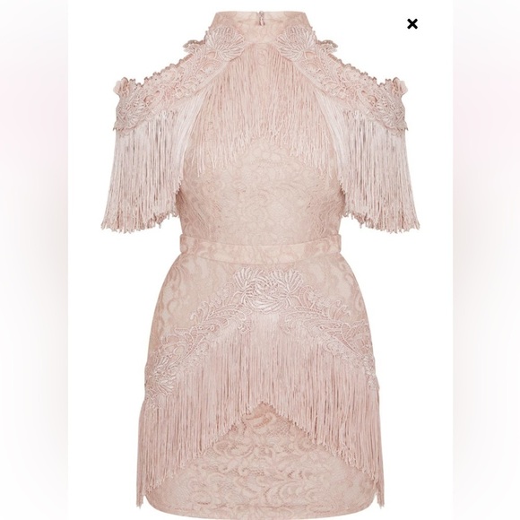 DUSTY PINK COLD SHOULDER LACE TASSEL TRIM BODYCON DRESS Sz US 4 - Picture 7 of 12